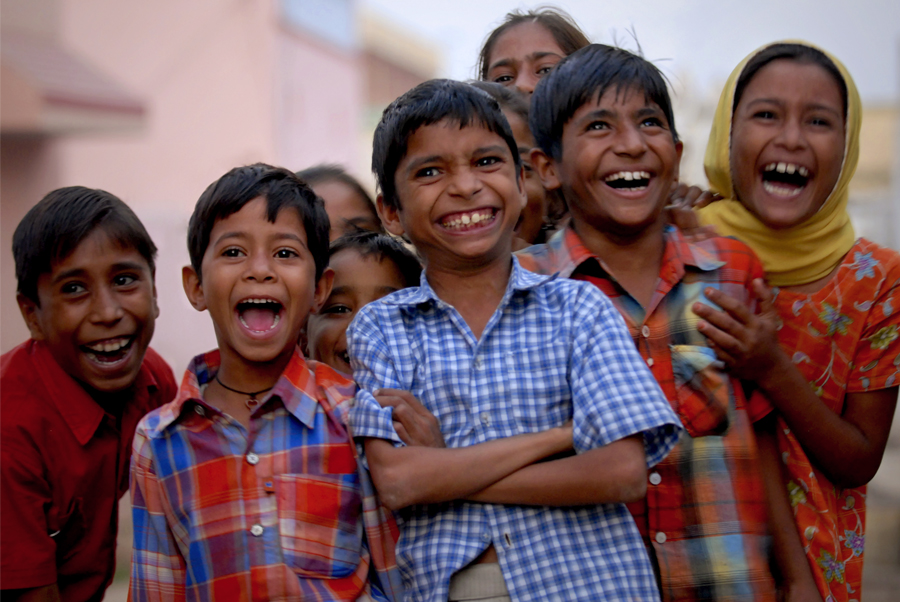 Laughter, like that of these joyful children portrayed in Mandawa in Rajasthan, India, is a typical expression of joy and it is a physical reaction consisting usually of rhythmical and joy means the emotion evoked by well-being, success or good fortune or by the prospect of possessing what one desires.